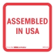 Warning Labels ''ASSEMBLED IN USA '' 1 x 1"