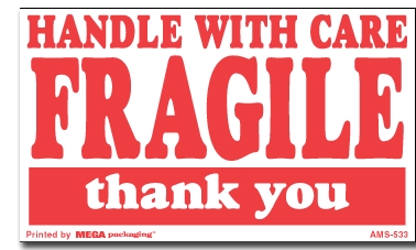 Warning Labels ''HANDLE WITH CARE FRAGILE thank you '' 3 x 5"