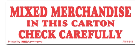 Warning Labels ''Mixed Merchandise In This Carton Check Carefully '' 2 x 6"