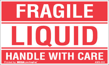 Warning Labels ''Fragile Liquid Handle With Care '' 3 x 5"