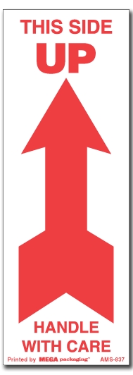 Warning Labels ''This Side Up Handle With Care With One Arrow '' 2.5 x 7"