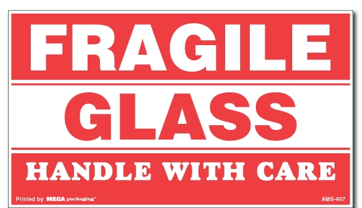 Warning Labels ''Fragile Glass Handle With Care '' 4 x 7"