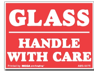 [LA-AMS-507R] Warning Labels ''Glass Handle With Care '' 3 x 4"