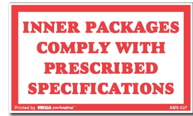 [LA-AMS-527] Warning Labels ''Inner Packages Comply With Prescribed Specifications '' 3 x 5"