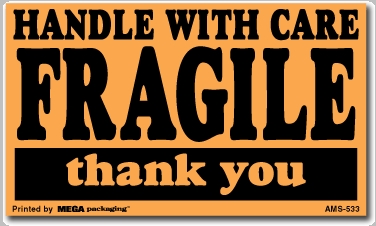 [LA-AMS-533F] Warning Labels ''HANDLE WITH CARE FRAGILE thank you '' 3 x 5"