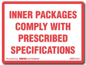 [LA-AMS-634] Warning Labels ''Inner Packages Comply With Prescribed Specifications '' 3 x 4"