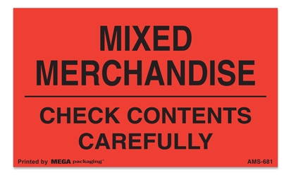 [LA-AMS-681] Warning Labels ''Mixed Merchandise Check Contents '' 3 x 5"