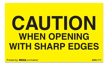 [LA-AMS-717] Warning Labels ''CAUTION WHEN OPENING WITH SHARP EDGES'' 3 x 5"