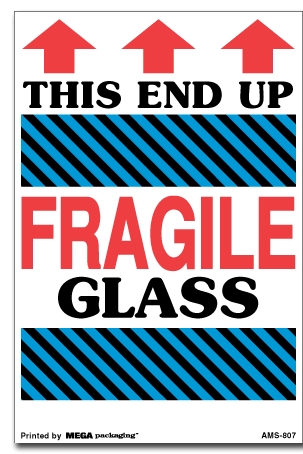 [LA-AMS-807] Warning Labels ''This End Up Fragile Glass Handle With Care '' 4 x 6"