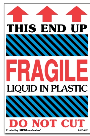 [LA-AMS-811] Warning Labels ''This End Up Fragile Liquid In Plastic Do Not Cut '' 4 x 6"