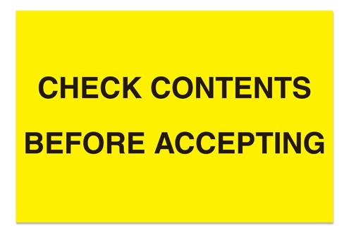 [LA-AMS-821] Warning Labels ''Check Contents Before Accepting'' 4 x 6"