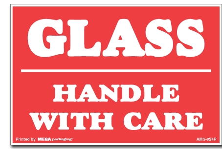 [LA-AMS-824R] Warning Labels ''Glass Handle With Care '' 4 x 6"