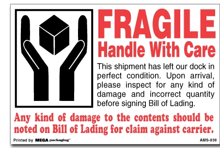 [LA-AMS-838] Warning Labels ''Two Hands Fragile Handle With Care '' 4 x 6"