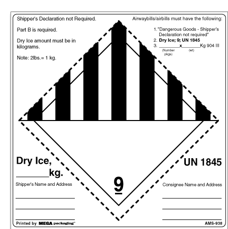 [LA-AMS-938] Warning Labels ''Dry Ice/UN 1845 '' 6 x 6"